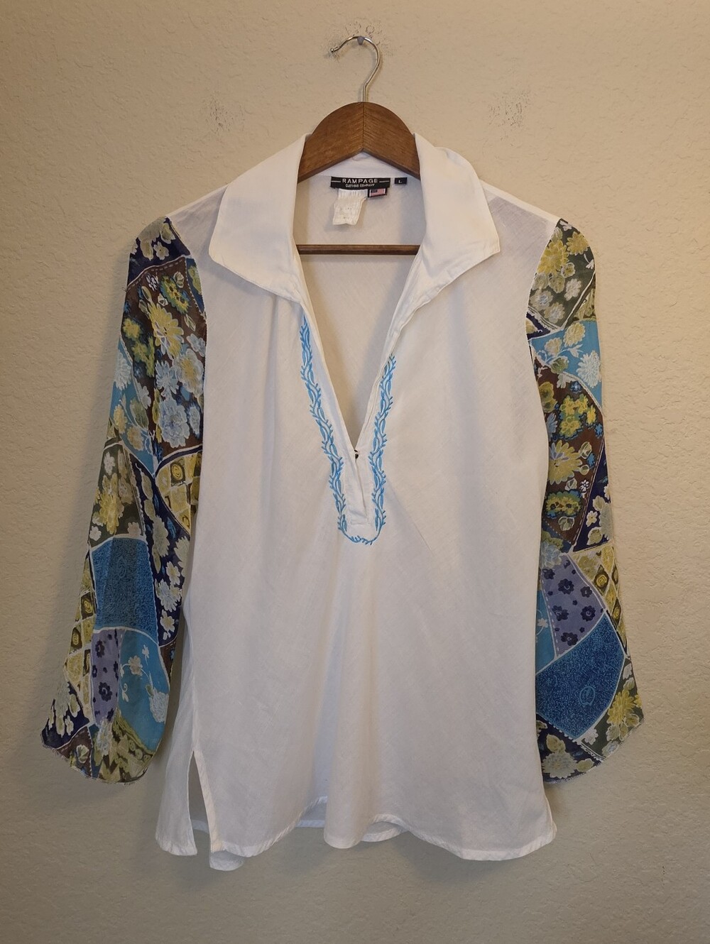 Vintage Rampage Blouse Womens Large White Multicolor Sheer Sleeve Made In USA